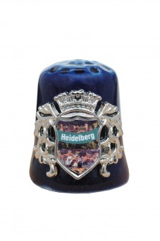 Thimble in cobalt blue china, coat of arms in metal. 12 Pcs. 
