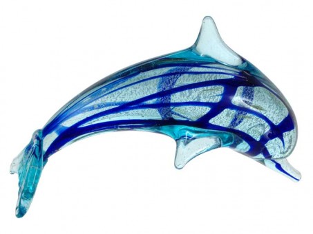 Glasdelphin hellblau mit dunkelblauen Streifen, VE 12 Stück 