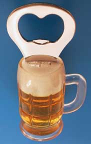 Magnetic bottle opener in the form of a beer mug. 