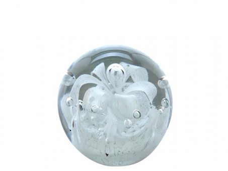 Traum-Glas-Kugel medium,weiße Blume über weißem Grund 