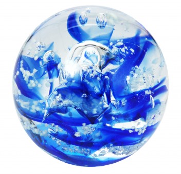 Sfera in vetro mini, chiara con strisce blu fosforescente 