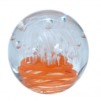 Traum-Glas-Kugel groß, orange Spirale mit weißer Blume 
