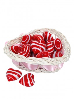 Glass heart 3 cm red-white striped pack: 36 pcs in basket 