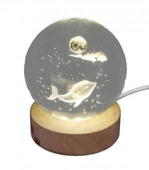 Hologramm Glaskugel Delfin inkl. Holz LED-Untersetzer 