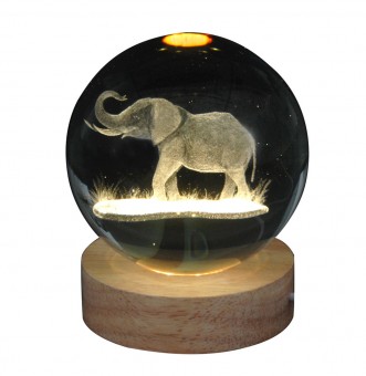 Hologramm Glaskugel Elefant inkl. Holz LED-Untersetzer 