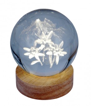 Engraved glass ball Edelweiss incl. wooden LED coaster 