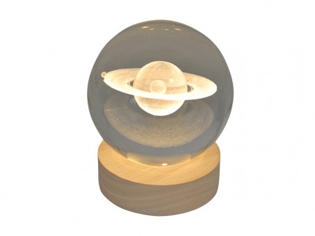 Engraved glass ball planet ring incl. wooden LED coaster 