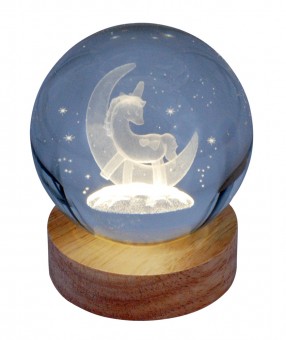 Engraved glass ball Unicorn incl. wooden LED coaster 