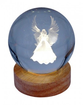 Engraved glass ball Angel incl. wooden LED coaster 