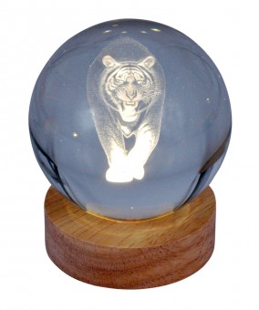 Engraved glass ball Tiger incl. wooden LED coaster 