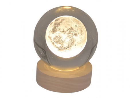 Engraved glass ball moon incl. wooden LED coaster 