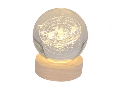 Engraved glass ball solar system including wooden LED coaste 
