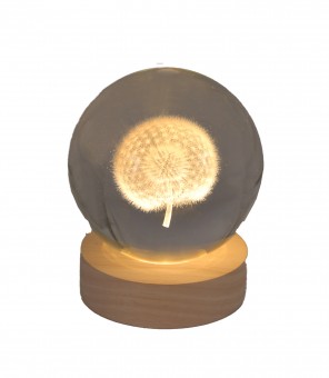 Engraved glass ball dandelion including wooden LED coaster 